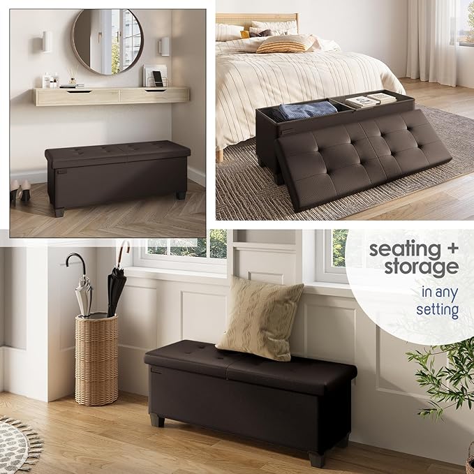 Storage Ottoman Bench with Bins, 43-in Storage Bench for Bedroom End of Bed, Folding Foot Rest Ottoman for Living Room Max 660lbs, Faux Leather Ottomans, Brown