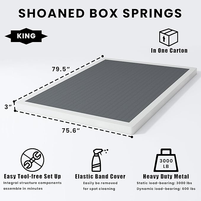 SHOANED King Size Box Springs - 3 Inch Low Profile Mattress Foundation No Noise Heavy Duty Metal Basics Bed Base with Clean Fabric Cover, Easy Assembly