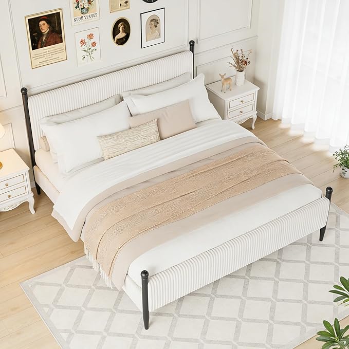Garvee King Size Upholstered Bed Frame - with Velvet Headboard, Soft Corduroy Fabric Platform with Wooden Slats Support & Heavy Duty Feet, No Box Spring Needed, Noise Free, Easy Assembly, White