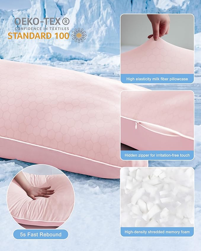 YZ HOME Cooling Body Pillow for Adults, Cold Touch Fabric, Blue Shredded Memory Foam, Support for Side Back Stomach Sleepers, Removable Washable Cover(Pink,20x54 inch)