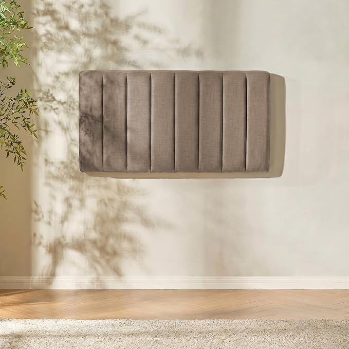 Hearth & Harbor Upholstered Twin Headboard - Easy Assemble Channel Stitched Headboard Twin Size - Wall Mounted Headboards with 3D Soundproof Wall Panels Peel & Stick Floating Headboards, Mocha