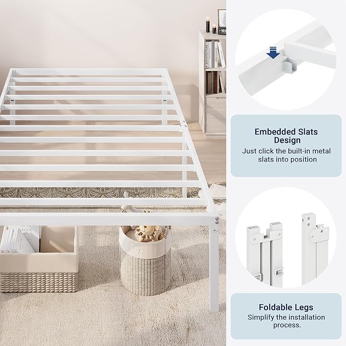 Allewie Twin Bed Frame, 18 Inch Metal Platform Beds with Storage Space, No Box Spring Needed and Easy Assembly, White