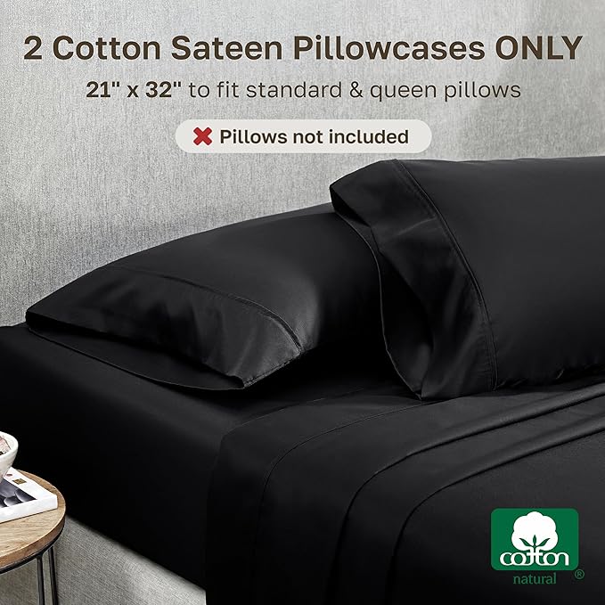 California Design Den Standard Queen Size Pillowcase Set - 400 Thread Count, 100% Cotton Sateen, Set of 2 Pillow Covers, Soft and Breathable - Black