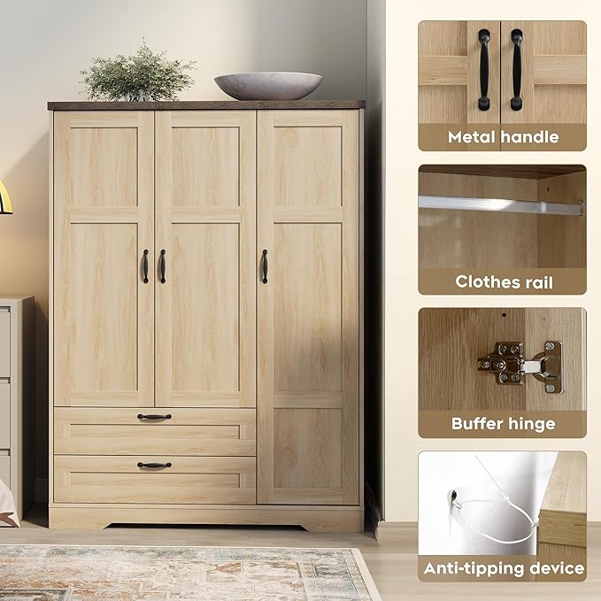 XIAO WEI Armoire Wardrobe Closet with 3 Door, Bedroom Wooden Armoires with Full Length Mirror, Large Clothing Storage Cabinet 2 Drawers, Hanging Rod (Natural, 3 Door)