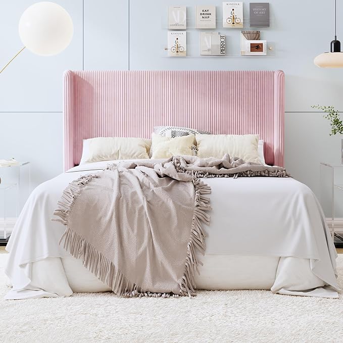 SHA CERLIN Full Size Corduroy Upholstered Platform Bed Frame with Vertical Channel Tufted Wingback Headboard, 8" Under Bed Storage, Wooden Slats & Metal Frame Support, Easy Assembly, Light Pink