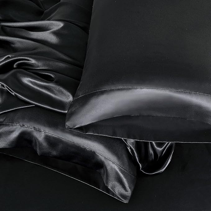 Homiest 4pcs Satin Sheets Set Luxury Silky Satin Bedding Set with Deep Pocket, 1 Fitted Sheet + 1 Flat Sheet + 2 Pillowcases (Full Size, Black)