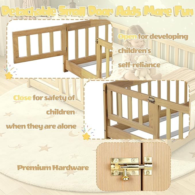Bellemave Montessori Twin Floor Bed Frame with Fence and Removable Door, Low Profile Twin Size Montessori Bed Frame for Kids, Solid Wooden Floor Beds for Bedroom,Nursery, Natural