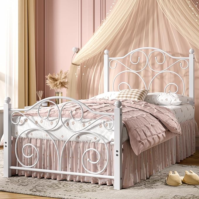 VECELO Twin Size Bed Frame with Headboard and Footboard, Heavy Duty Metal Slat Support, Platform Mattress Foundation, No Box Spring Needed, Easy Assembly, White
