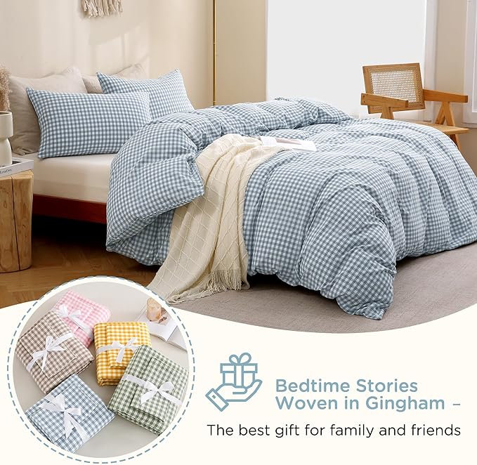 TOCOMOA Blue Gingham Duvet Cover Bedding Set 100% Washed Cotton Like Linen Feel Super Soft Comfortable 2 Piece Vintage Plaid Checkered Comforter Cover Set (Twin 68"x90", Comforter Not Included)