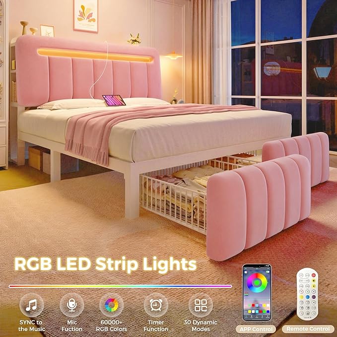 Jocoevol Full Size Bed Frame with Storage Headboard,Upholstered Princess Bed Frame Full with Storage Drawers and Charging Station,Velvet Platform Metal Bed, Noise-Free, No Box Spring Needed