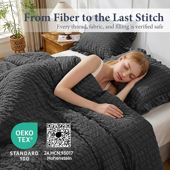 JOLLYVOGUE Black Queen Comforter Set, 3 Pieces Seersucker Comforters Queen Size, Lightweight & Fluffy Bedding Sets Queen for All Season with 1 Ruffle Comforter and 2 Ruffle Pillowshams