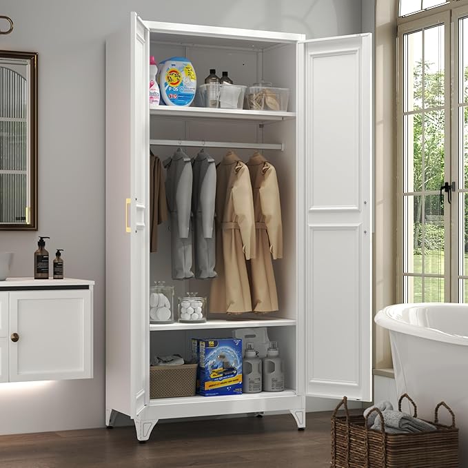 Metal Armoire Wardrobe Closet with 2 Doors, 71" Tall Wardrobe Closet with Doors, Hanging Rod, Drawers and Adjustable Shelves, White Clothing Storage Cabinets for Bedroom, Home Office