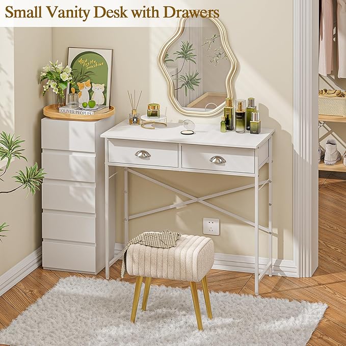 ThreeHio Small Vanity Desk No Mirror for Kids Bedroom, 31.5 Inch Vanity Table with Drawers, Makeup Vanity Desk for Narrow Spaces, White Dreessing Table(No Mirror)