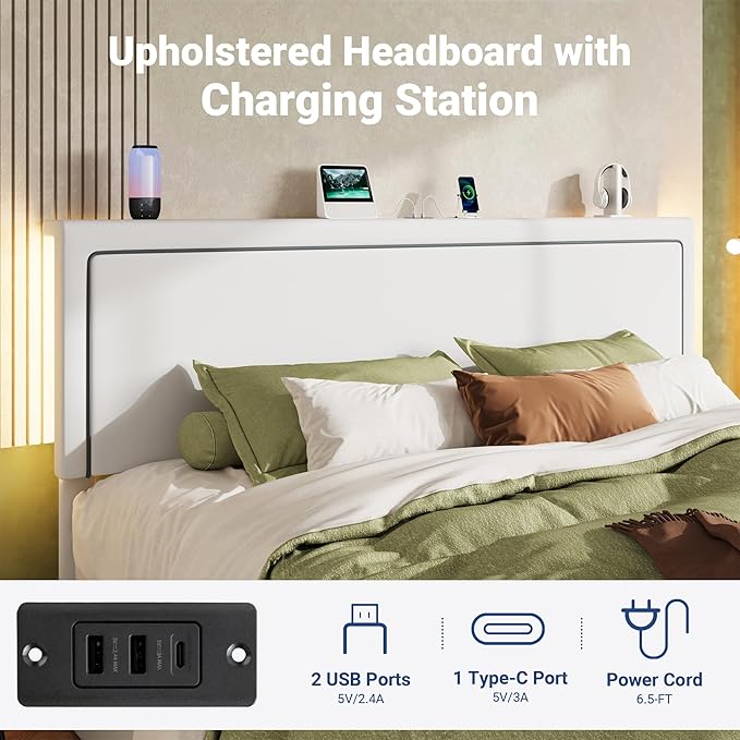 Allewie King Size Lift Up Storage Bed Frame with Charging Station & LED Lights, Adjustable Velvet Upholstered Storage Headboard, Type-C & USB Ports, Hydraulic Support, No Box Spring Needed, White