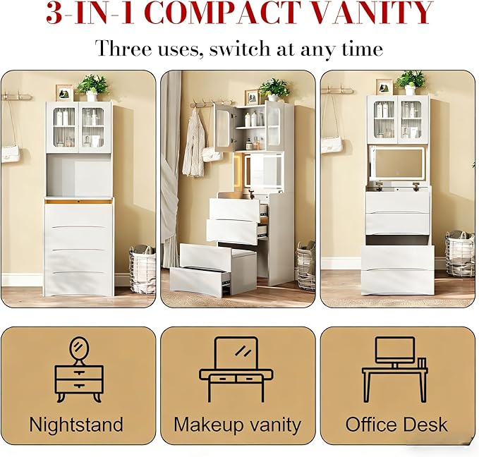 Casaphoria White 3-in-1 Vanity Desk with Mirror and Lights, 18.9 Inch Makeup Dressing Table with 3 Drawers & Storage Stool for Bedroom