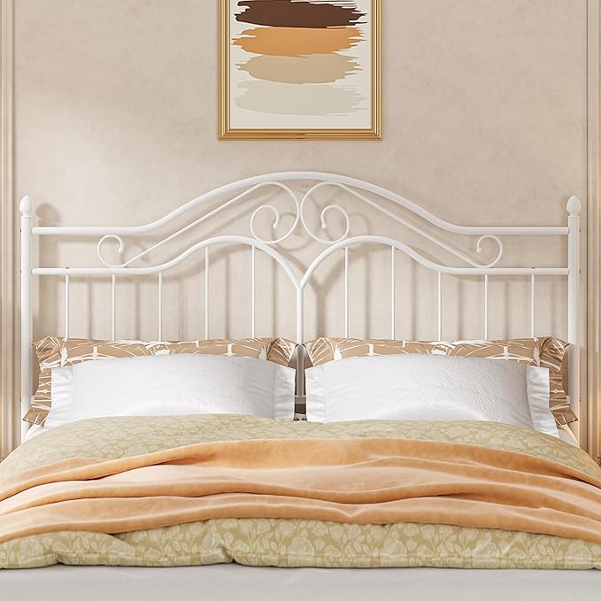 Elephance Headboard for King Size Bed Frame, Vintage Platform Bed Metal Headboard Only, Height Adjustable, Sturdy and Stable, King Size, Easy Assembly, White