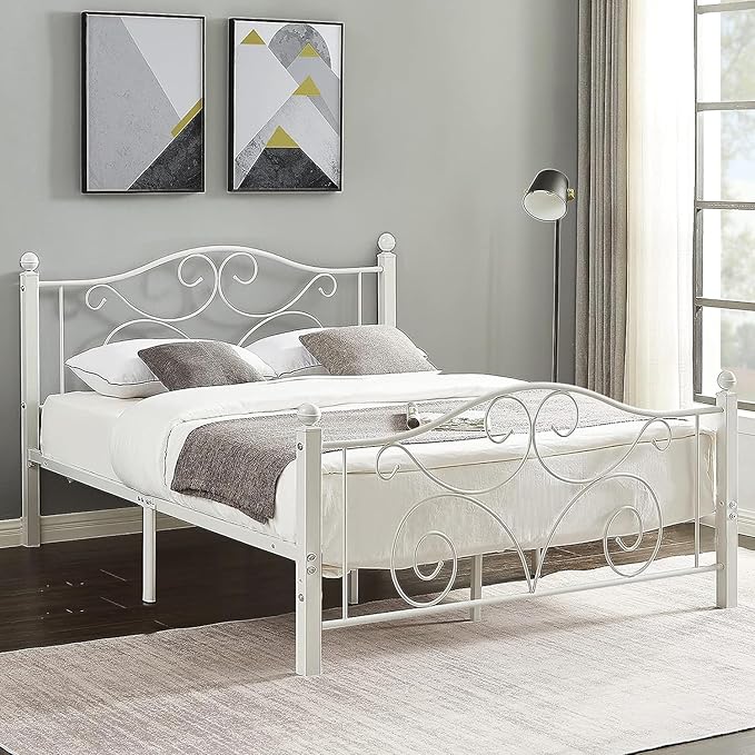 VECELO Full Size Bed Frame with Headboard and Footboard, Heavy Duty Metal Slat Support, Platform Mattress Foundation, No Box Spring Needed, Easy Assembly, White