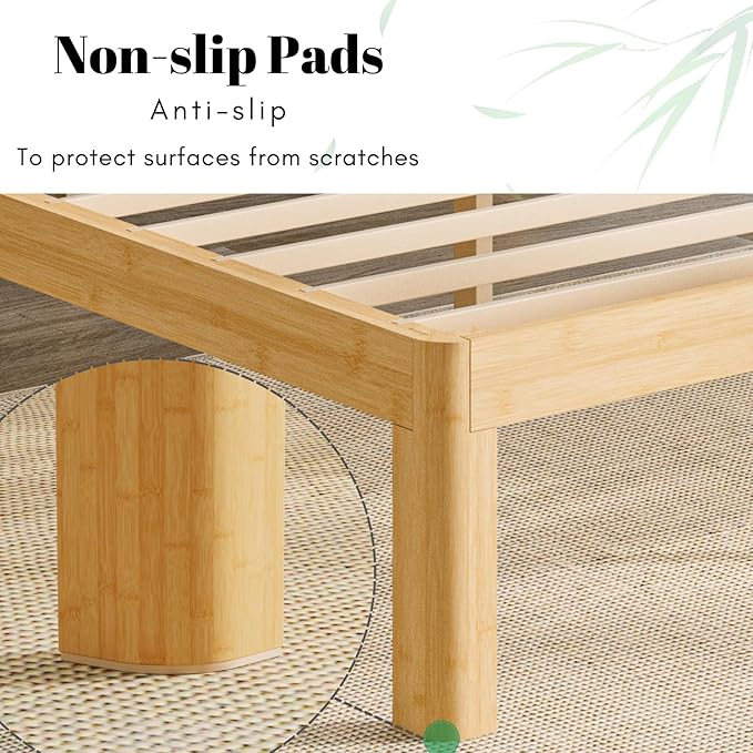 12 Inch High Bamboo Wood Full Size Bed Frame, Metal Slats Support Bed Frames Full, Reinforced, Noise Free, No Box Spring Needed, Easy Assembly