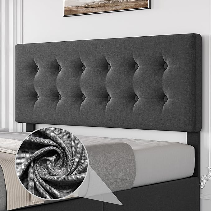 IDEALHOUSE Full Size Bed Frame with 4 Storage Drawers and Adjustable Headboard, Upholstered Mattress Foundation with Skin-Frienly Linen, No Box Spring Needed, Dark Grey (Full)