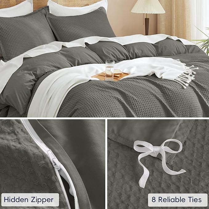 PHF Waffle Weave Duvet Cover Set California King, No Snagging Ultra Soft Luxury Textured Breathable Comforter Cover for All Season 3pcs, Durable Bedding Duvet Set with 2 Pillow Shams, 104"x98", Grey