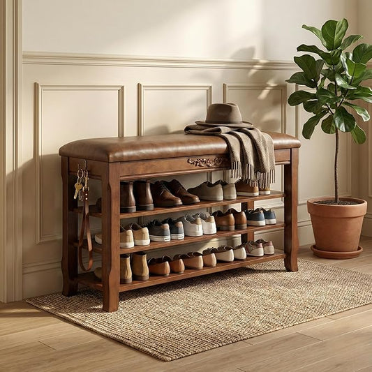 Shoe Rack Bench Entryway Storage with Leather Cushion, Shoe Organizer Bench for Entryway, Front Doors Entrances Hallway,Mudroom,Closet, Bedroom,Solidwood 3 Height-Adjustable Removable Shelve,39.4"