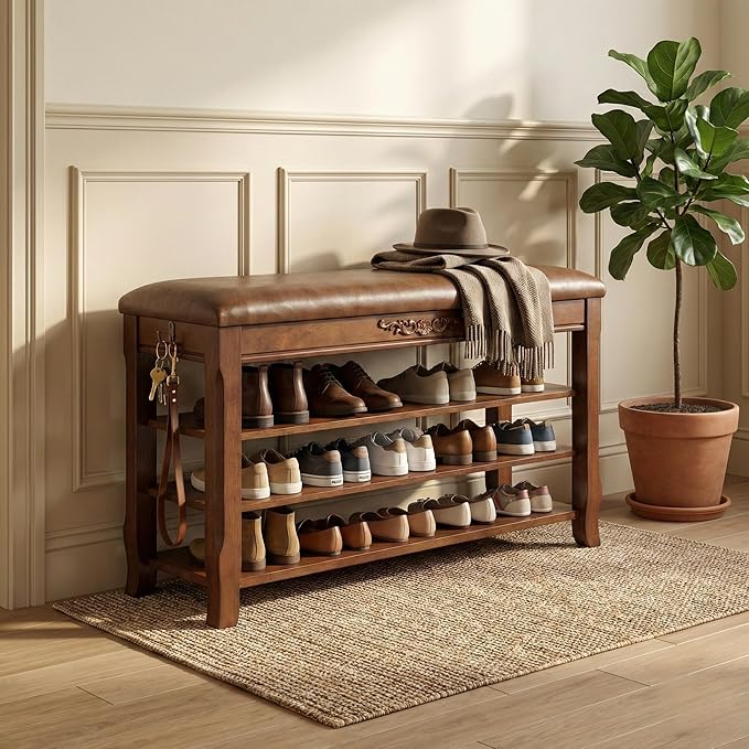 Shoe Rack Bench Entryway Storage with Leather Cushion, Shoe Organizer Bench for Entryway, Front Doors Entrances Hallway,Mudroom,Closet, Bedroom,Solidwood 3 Height-Adjustable Removable Shelve,31.5"