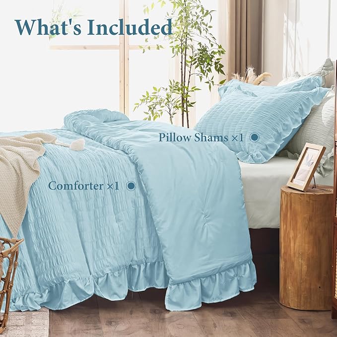 JOLLYVOGUE Blue Twin Size Comforter Set, 2 Pieces Seersucker Lightweight Fluffy Bedding Set, Twin Ruffle Comforter, All Season Soft Microfiber Shabby Chic Bed Set