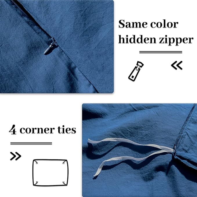 NEXHOME PRO Duvet Cover Set 100% Washed Cotton Full Size Linen Feel Textured Organic Natural 3 Pieces Bedding Set with Zipper Closure and Corner Ties, Breathable and Soft (Blue, No Comforter)