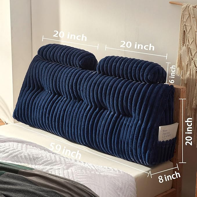 Rycwola Faux Fur Headboard Pillow with 2 Pack Neck Roll Pillow Large Headboard Pillow Soft and Supportive with Removable Cover (Blue, Queen)