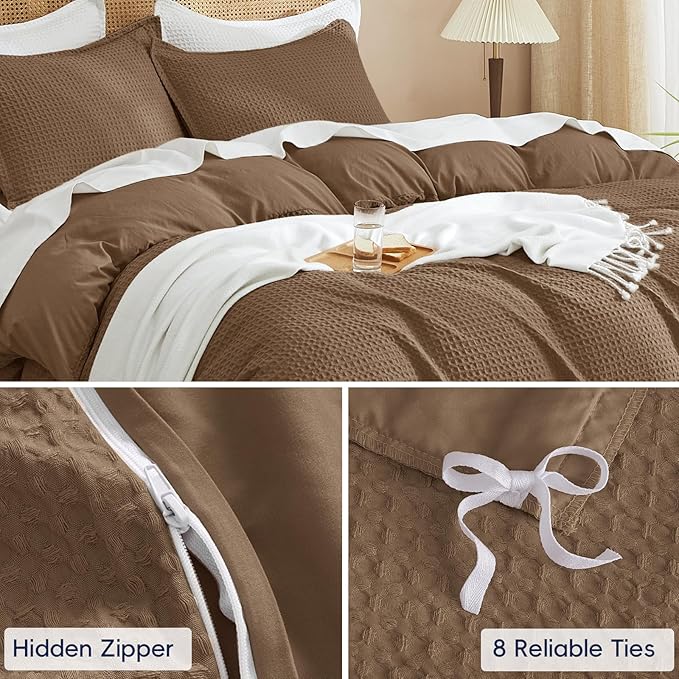 PHF Waffle Duvet Cover Set Queen Size, No Snagging Ultra Soft Luxury Textured Breathable Comforter Cover for All Season 3pcs, Durable Bedding Duvet Set with 2 Pillow Shams, 90"x90", Mocha