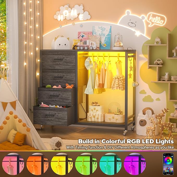 Cyclysio Dresser with Hanging Rack, 4 Fabric Drawers Dresser with Clothes Rack, Wooden Top Storage Chest of Drawers with Charging Station & LED Lights, Lockable Wheels, Closet