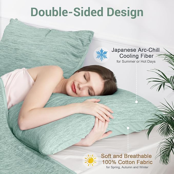 Elegear Cooling Pillow Cases for Hot Sleepers, Japanese Q-Max 0.5 Cooling Pillowcases, Both Sides(Cooling/Cotton), Breathable Soft Pillowcase for Hair and Skin, Set of 2-Green (Queen (20'' x 30''))