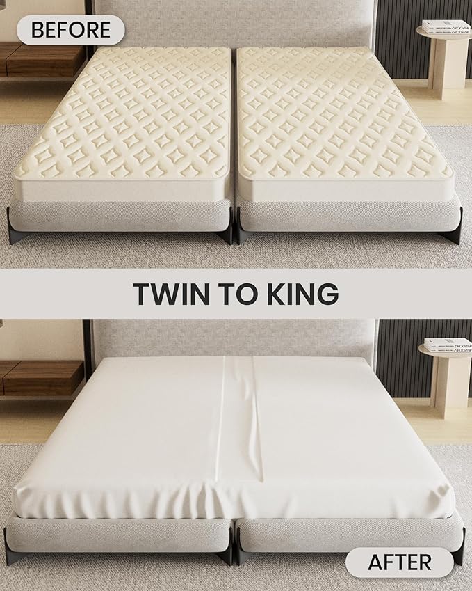 Upgraded 3-In-1 Bed Bridge Twin to King Converter, Split King Gap Filler for Adjustable Bed with Fitted Sheet, for King Size Mattresses, Mattress Connector to Close Gap, No-Slip Mattress Bridge, White