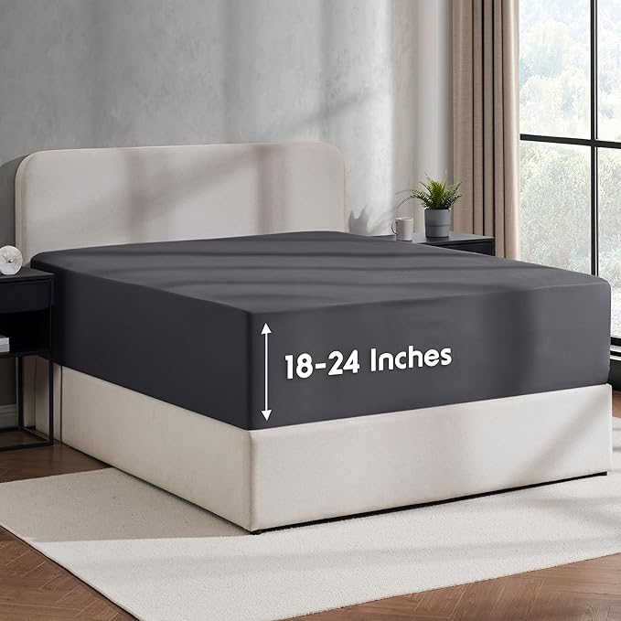 Nestl Dark Grey Extra Deep Pocket Fitted Sheet Full Size, Hotel Luxury Deep Pocket Full Size Fitted Sheet Only Easily Fits 18 to 24 Inch Mattress, Soft, Wrinkle-free, and Breathable with Corner Straps