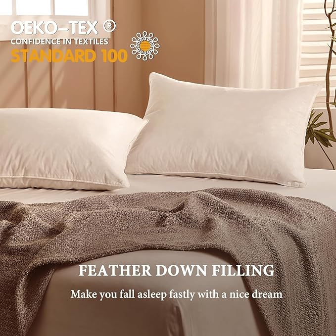 BHZ Down Feather Standard/Queen Pillows Set of 2 Pack, Luxury Hotel Collection Goose Bed Pillows for Sleeping Firm Soft Support for Side, Back, Stomach Sleepers for College Dorm Essentials, White