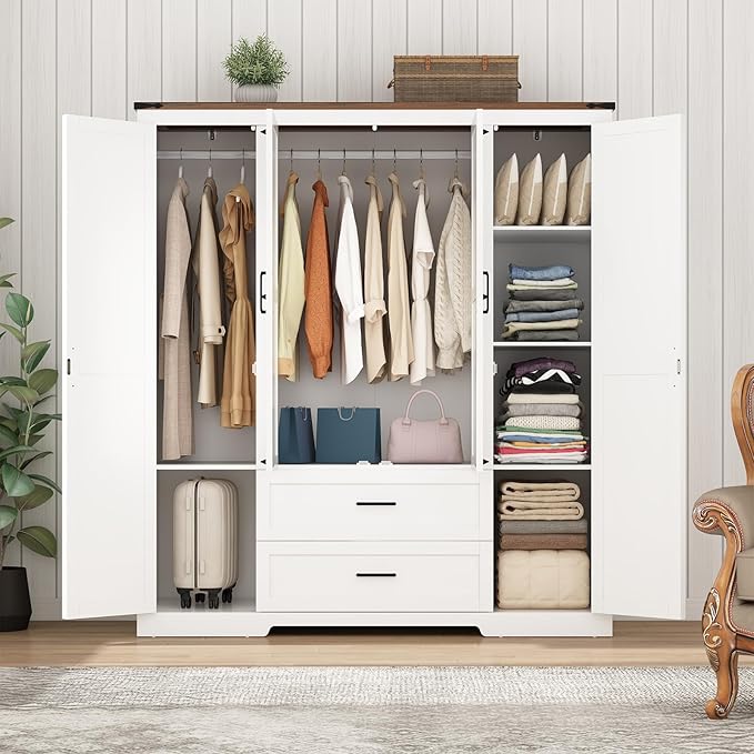 Hlivelood 4 Doors Wardrobe Armoire Closet with Doors and Drawers, Farmhouse Wooden Armoire Storage Cabinet with Shelves & Hanging Rod for Bedroom, White