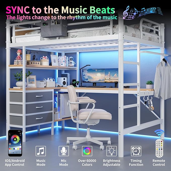 Jocoevol Full Size Loft Bed with L-Shaped Desk, LED Lights,Charging Station, Industrial Heavy Duty Metal Loft Bed Frame with 3 Storage Shelves and 3 Fabric Drawers, Safety Guard & Ladder, White