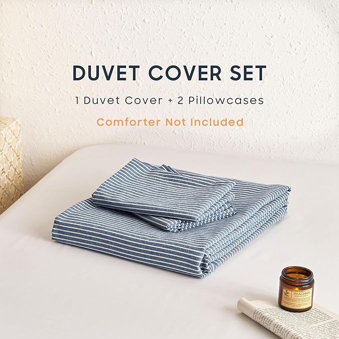 Wake In Cloud - Striped Cotton Duvet Cover Set, 100% Washed Cotton Textured Percale Bedding Set, Ticking Stripe Pinstripe Farmhouse, 3 Pieces, Denim Blue, King Size