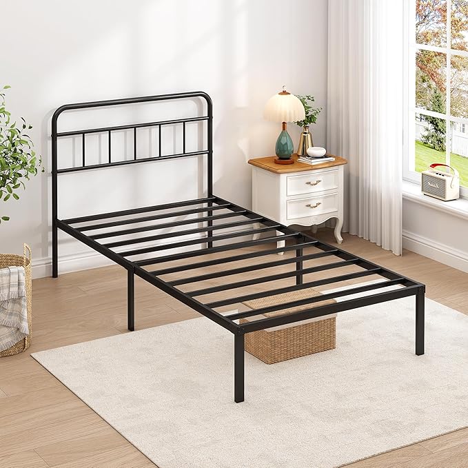 Twin Bed Frame with Classic Headboard,Strong Metal Slats Support,Under Bed Storage Space,No Box Spring Needed,Easy to Assemble,Black