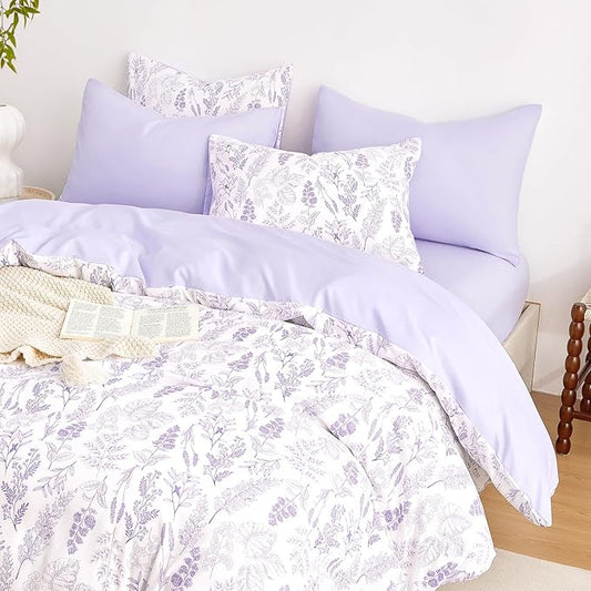 Wake In Cloud - Floral Duvet Cover Set, Botanical Vintage Flower Coquette Cottagecore Aesthetic for Women Teen Girls, Soft Lightweight Bedding, 3-Piece, Lilac, Full Size