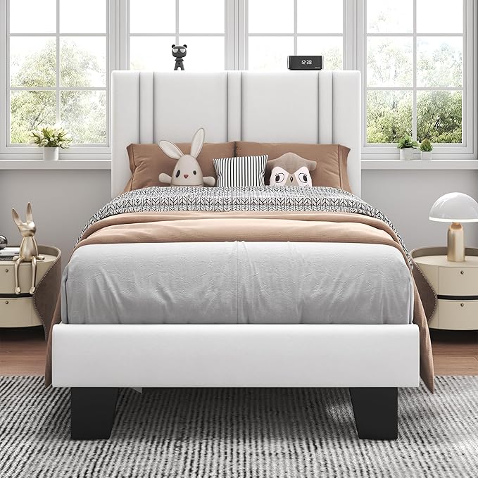 Feonase Twin Platform Bed Frame, Velvet Upholstered Twin Bed Frame, Solid Wood Slats & Heavy Duty Feet Support, No Box Spring Needed, Noise-Free, Easy Assembly, White