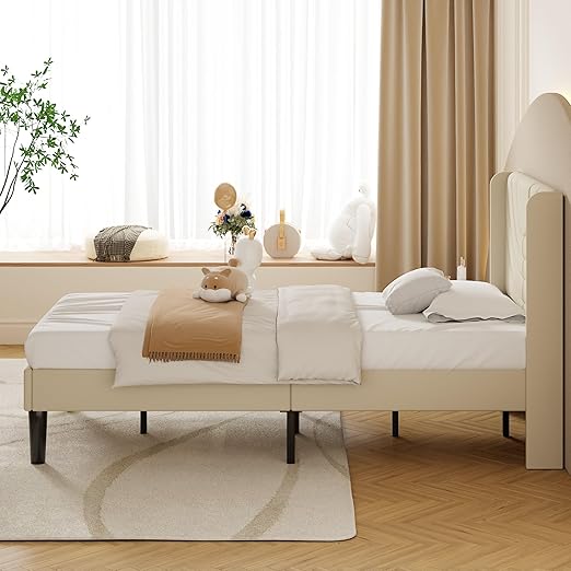 VECELO Twin Size Bed Frame Upholstered Platform with Wave Fabric Headboard/Wooden Slats Support/No Box Spring Needed/Mattress Foundation,Beige