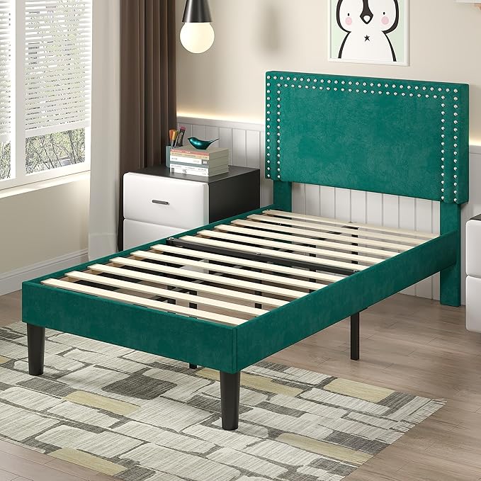 VECELO Twin Size Platform Bed Frame with Height Adjustable Upholstered Headboard, Modern Mattress Foundation,Strong Wood Slat Support, No Box Spring Needed, Easy Assembly, Dark Green