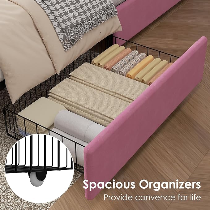 VECELO Full Size Upholstered Bed Frame with 4 Storage Drawers, Adjustable Velvet Rivet Decor Headboard, Wooden Slats Platform Support, No Box Spring Needed, Easy Assembly,Pink