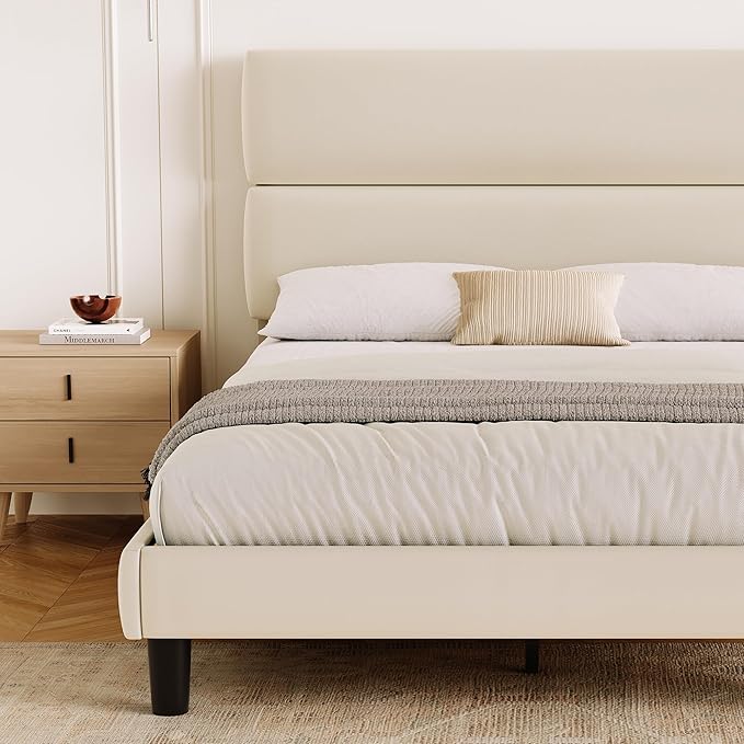 GRUSIGN Queen Size Platform Bed Frame with Velvet Headboard, Adjustable Height Wooden Slats Support, Upholstered Mattress Foundation, Fits Mattress or Mattress with Box Spring, Easy Assembly, Beige