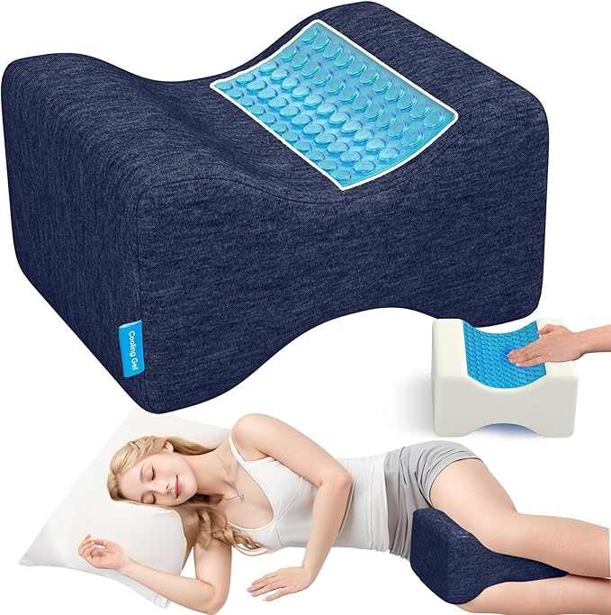 Knee Pillow for Side Sleepers with Cooling Gel, Memory Foam Elevation Pillow for Spine Aligning, Sciatica, Back, Hip, Knee, Ankle Pain, Blue/Plus