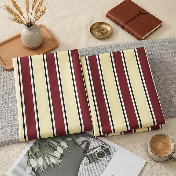Merryword 100% Cotton Pillow Cases, Standard Size Pillowcases, Burgundy & Cream Striped Pillowcases, Luxury Linen Like Pillowcase, Soft Breathable Stripes Pillow Covers, Set of 2