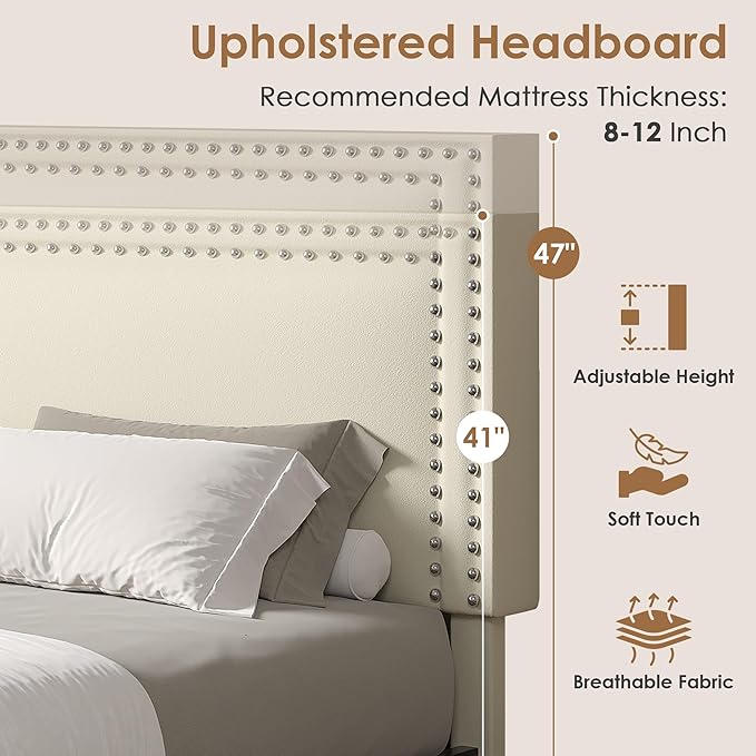 VECELO Full Size Platform Bed Frame with Height Adjustable Upholstered Headboard, Modern Mattress Foundation,Strong Wood Slat Support, No Box Spring Needed, Easy Assembly,Beige