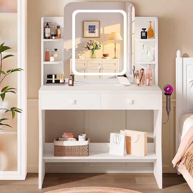 LIVELYGLOW Small Makeup Vanity Desk with Smart LED Mirror & Power Outlet, 29.5" White Vanity Table with Hairdryer Rack, 5 Storage Shelves & 2 Drawers, Compact Dressing Table for Small Spaces