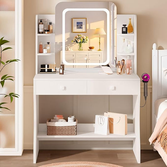 LIVELYGLOW Small Makeup Vanity Desk with Smart LED Mirror & Power Outlet, 29.5" White Vanity Table with Hairdryer Rack, 5 Storage Shelves & 2 Drawers, Compact Dressing Table for Small Spaces